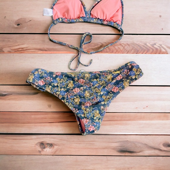 Eidon Blue & Pink Floral Print Bikini Top Set XL Top Large Bottoms Moxie Rebel - Picture 6 of 9